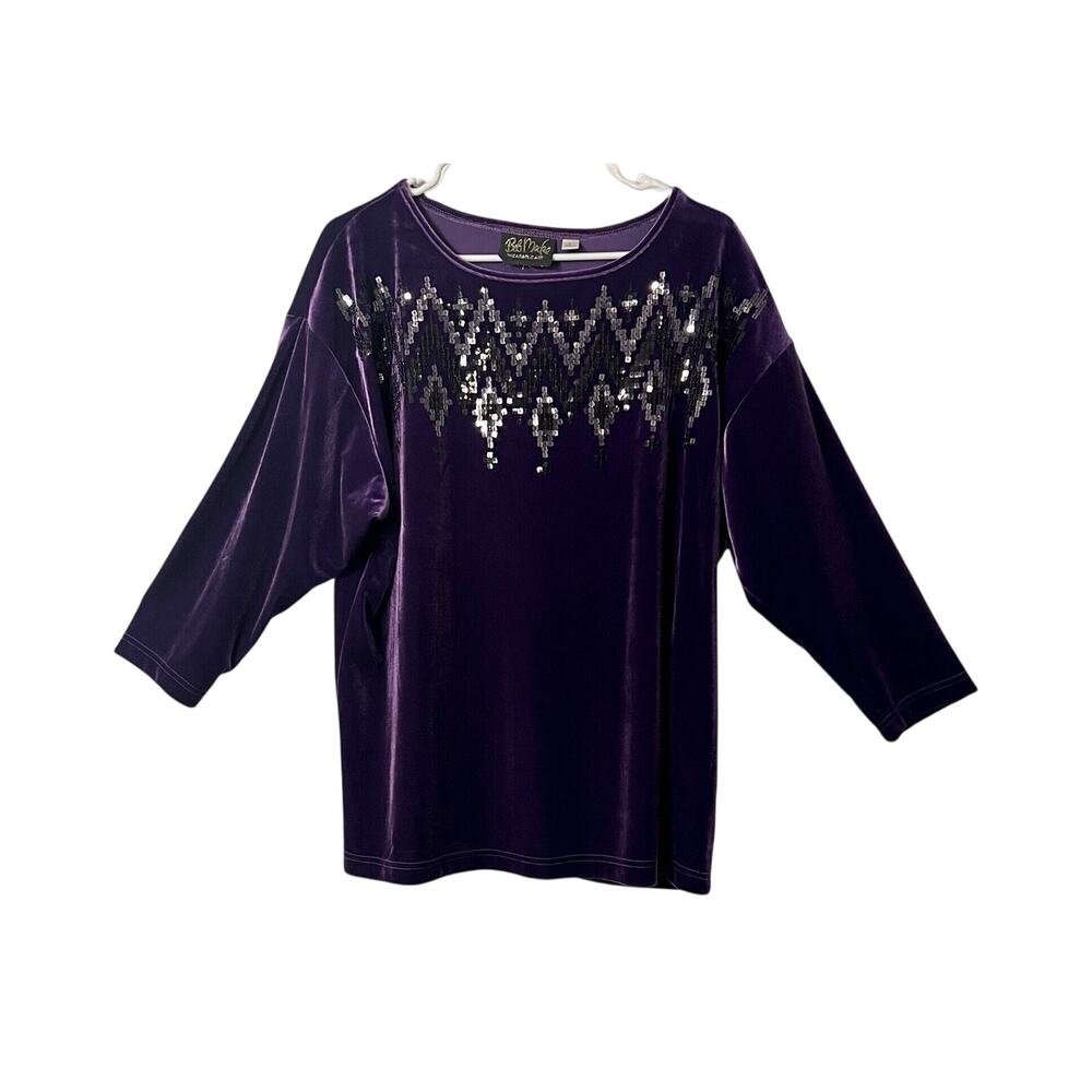 Bob Mackie Wearable Art Top Size L Purple Velvet Embellished Tunic Sequins